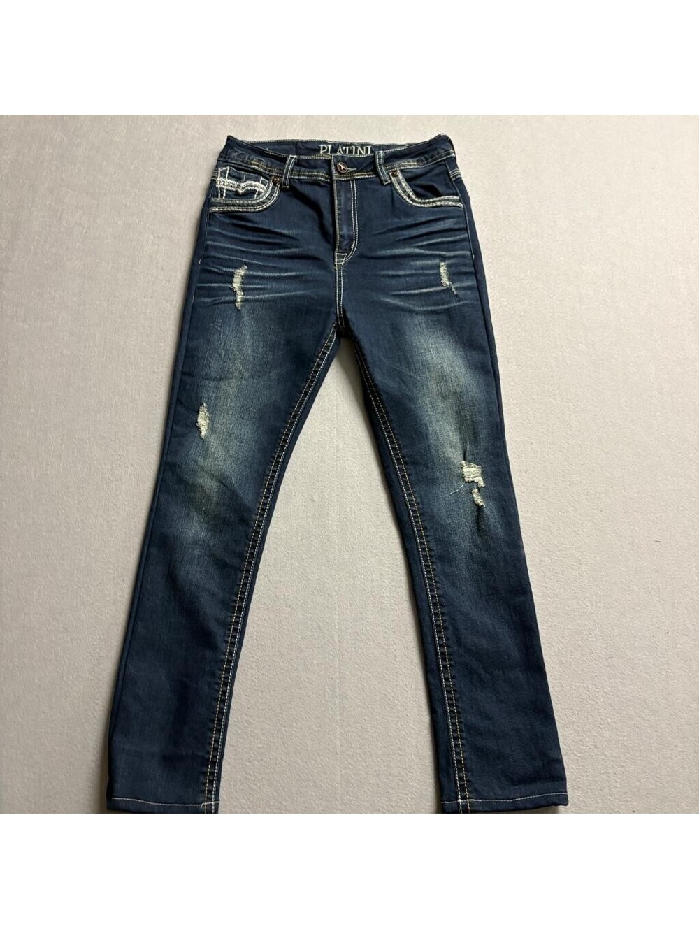 Platini Boot Cut Jeans Mens Size 11 Blue Distressed Thick Stitch Embroidered